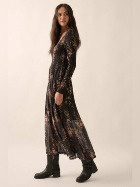 Promesa Heather Floral Smocked Maxi Dress In Black Small NEW boho cottagecore